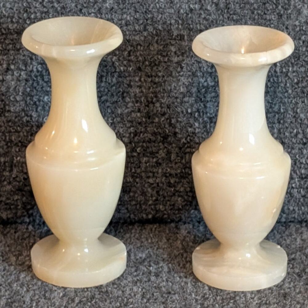 Pair of Two Carved Onyx Bud Vases